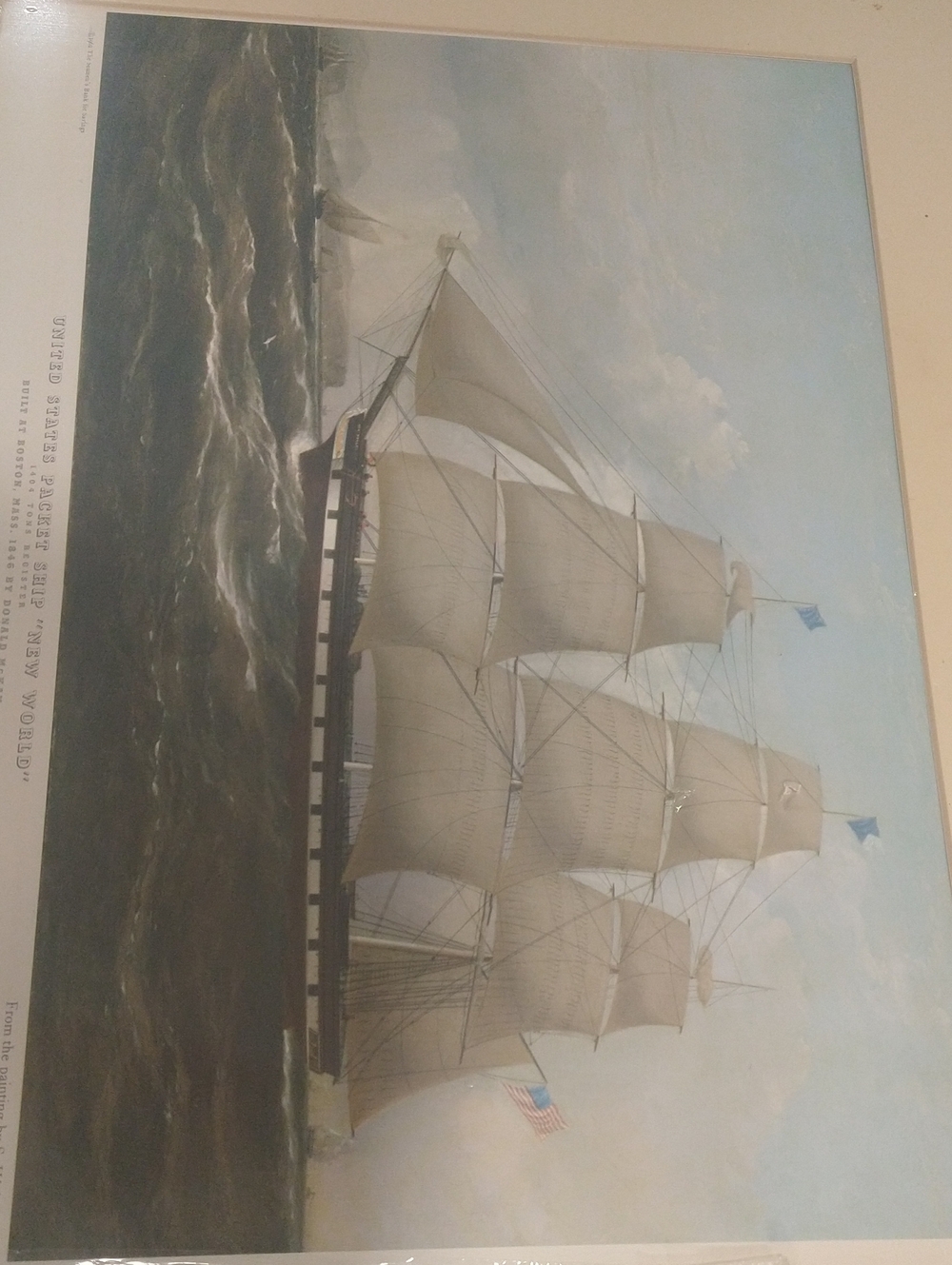 Framed Vintage Set Of 3 Sailing Ship Print Cream Sails Blue Sky